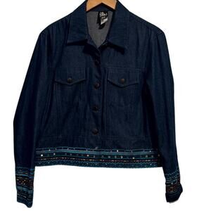 Ali Miles Women's Navy Blue Embroidery Button Front Jeans Jacket denim Petite L